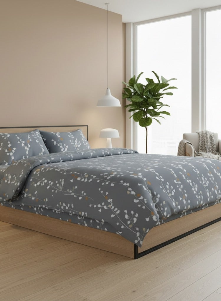LUNA Home King size 6-piece set ( 1 Duvet cover - 220*240cm. 1 Fitted sheet - 200*200cm+30cm. 4 Pillow covers - 50*75cm. ) Bedding set grey with yellow branches print pattern. - Image 1